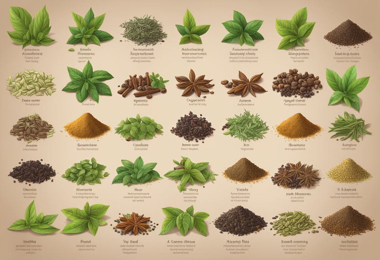 A variety of tea leaves, herbs, and spices arranged on a wooden table, each labeled with their functional properties