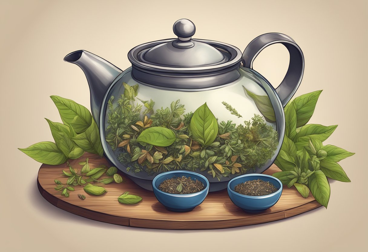 A cozy teapot surrounded by various types of tea leaves and herbs on a wooden table