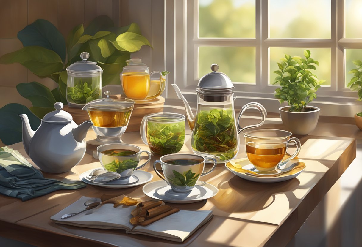 A cozy kitchen table set with an assortment of tea leaves, infusers, and teapots, with sunlight streaming in through the window