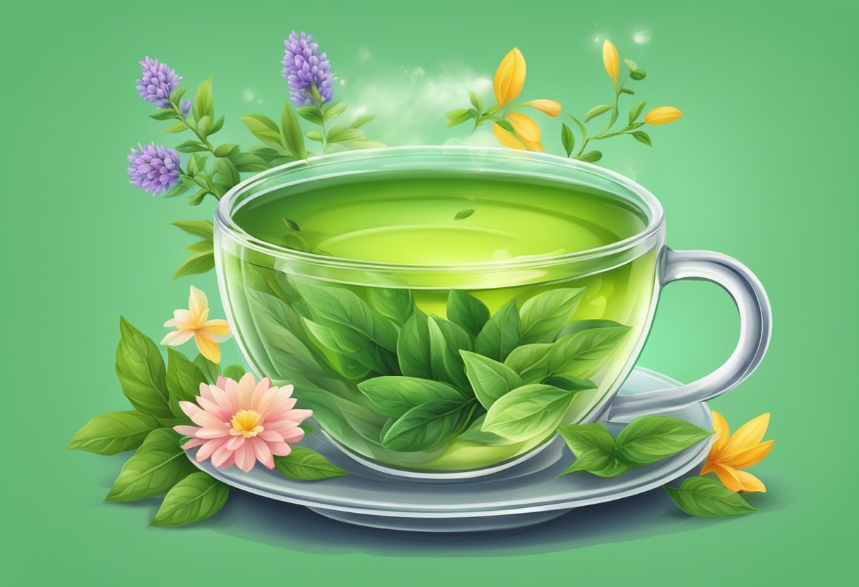 A steaming cup of green tea surrounded by fresh tea leaves and a variety of colorful herbs and flowers