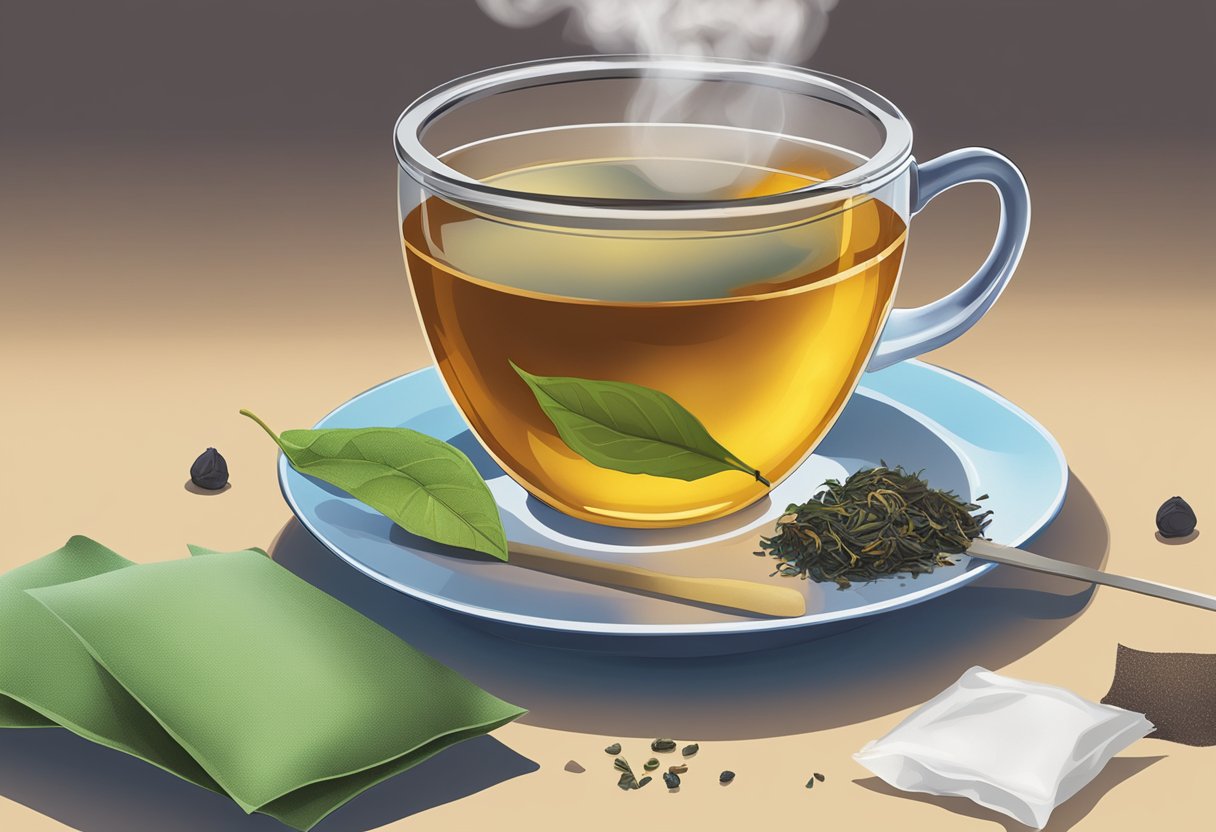 A steaming cup of loose leaf tea sits next to a tea infuser, while a pile of tea bags rests nearby. The loose leaves are larger and more vibrant in color, while the tea bags are uniform and compact