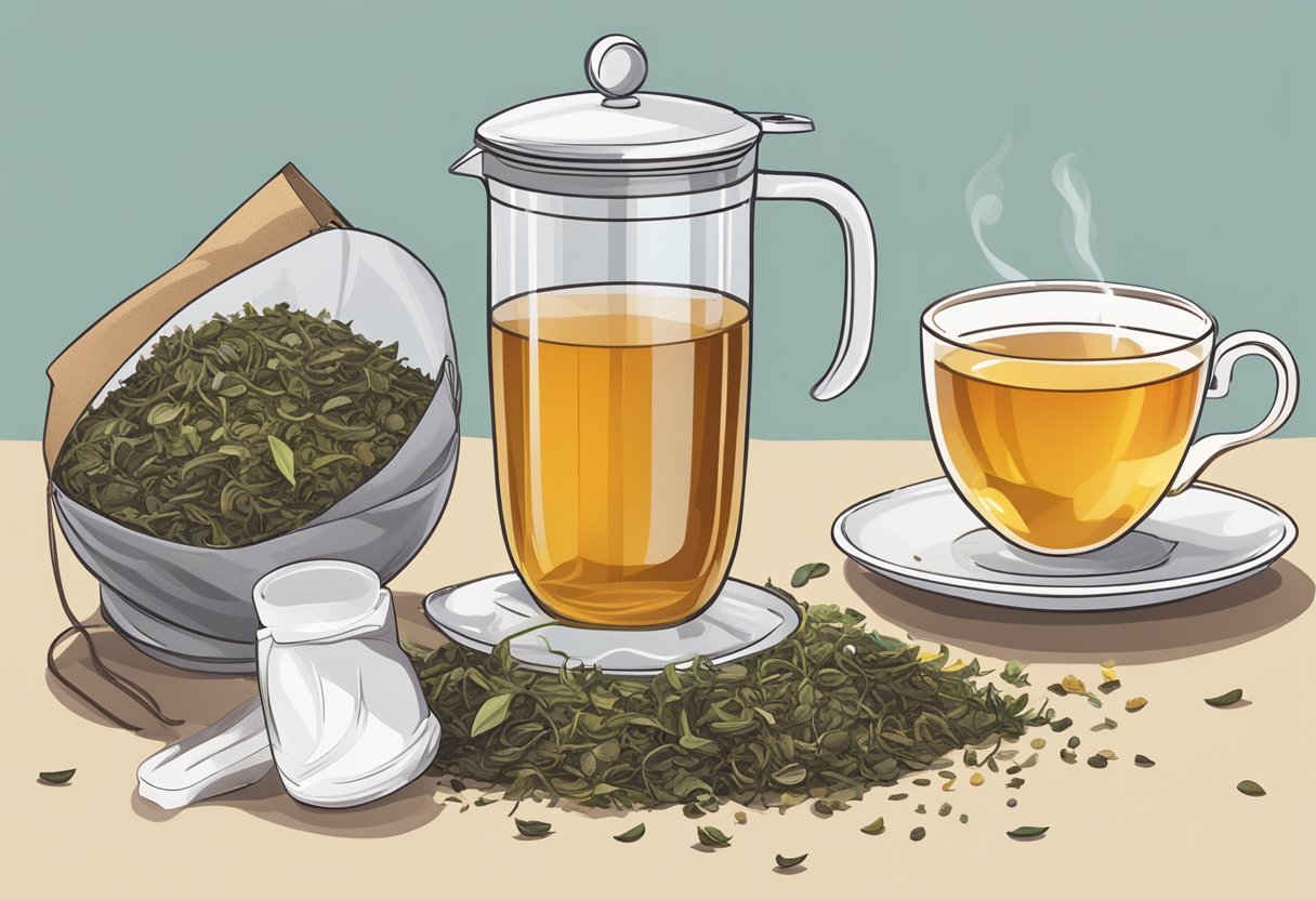 A loose leaf tea infuser sits beside a pile of loose tea leaves, while a tea bag dangles from a cup of steeping tea