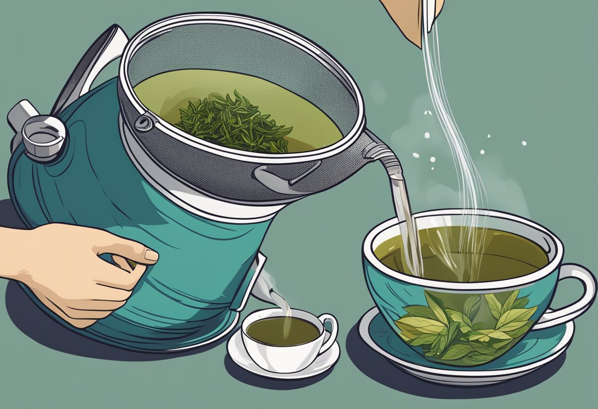 A teapot pouring loose tea leaves into a strainer, while a tea bag sits in a cup of hot water