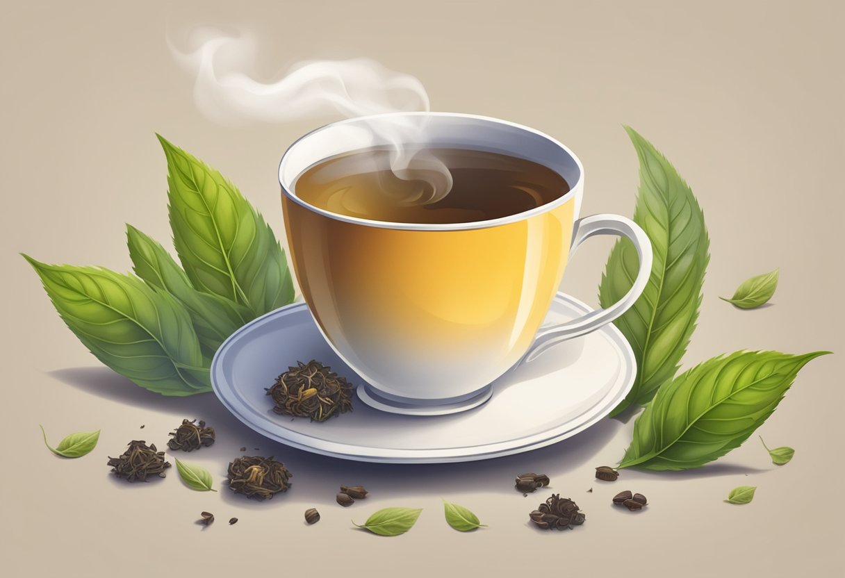 A steaming cup of loose leaf tea next to a tea bag, with scattered tea leaves and a fragrant aroma in the air