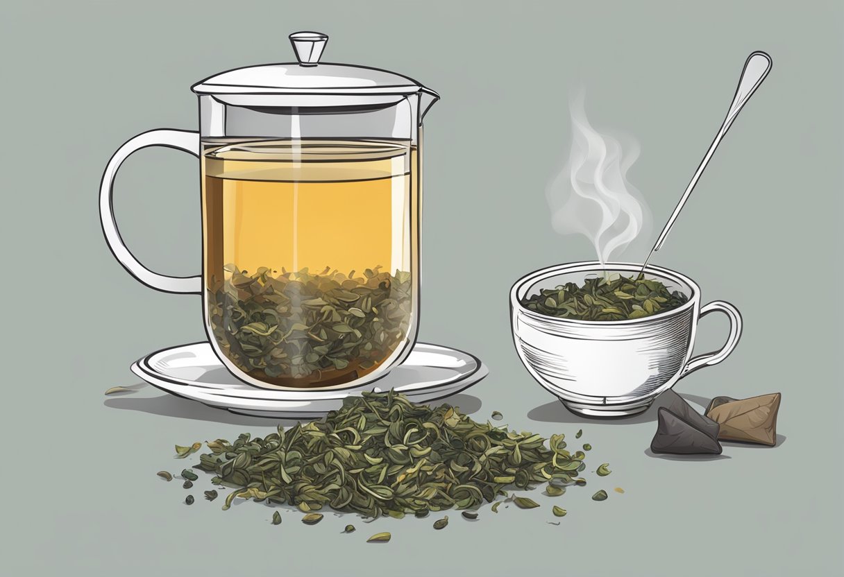 A steaming cup of loose leaf tea sits next to a tea infuser and a pile of loose tea leaves, while a tea bag floats in a separate cup of hot water