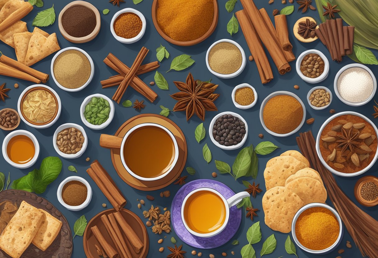 A colorful array of chai ingredients and spices spread out on a traditional Indian table
