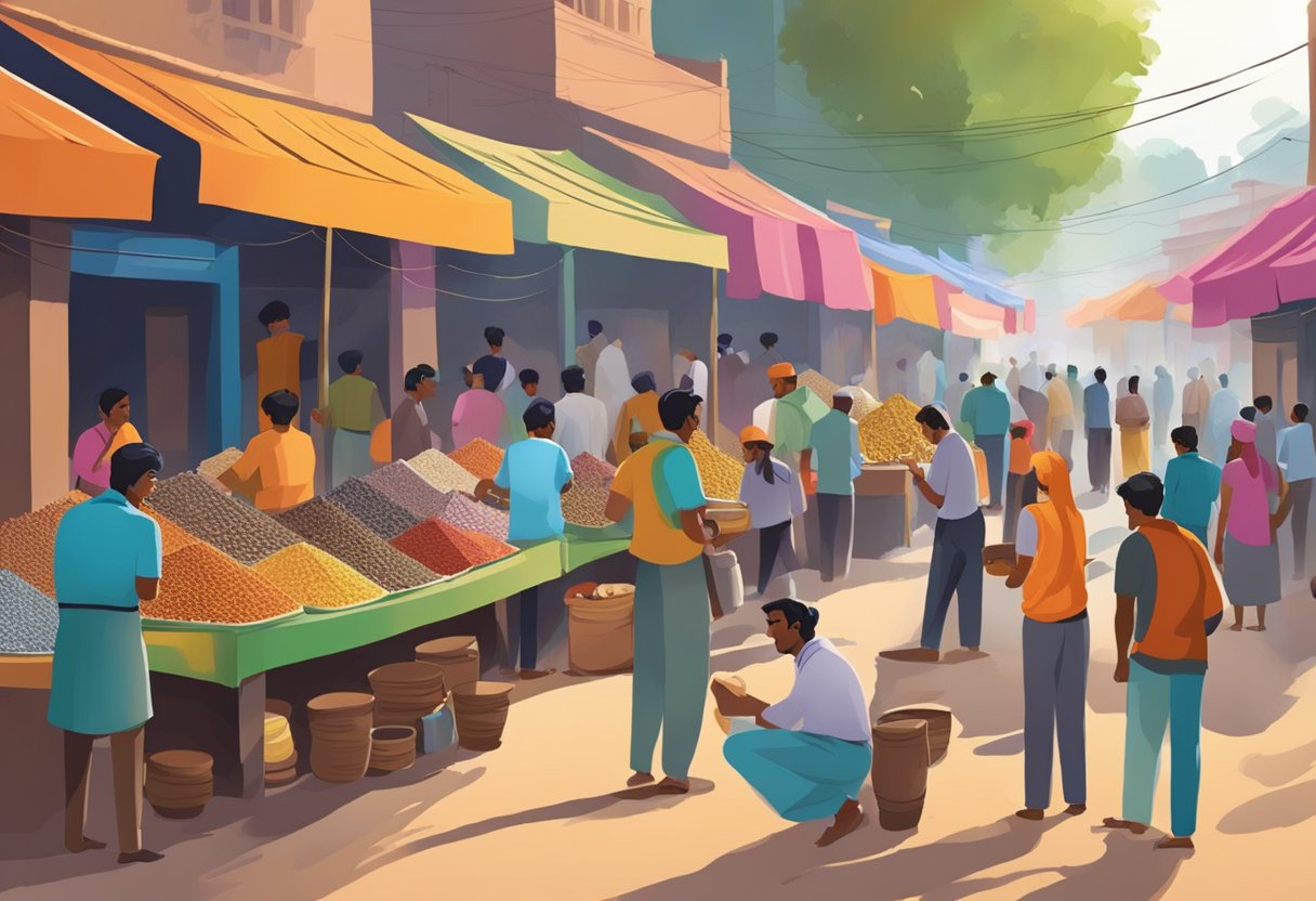 A bustling Indian market with colorful chai stalls offering various types of chai