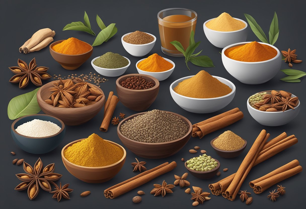 A colorful array of chai ingredients and spices spread out on a table, including cardamom, cinnamon, ginger, and cloves