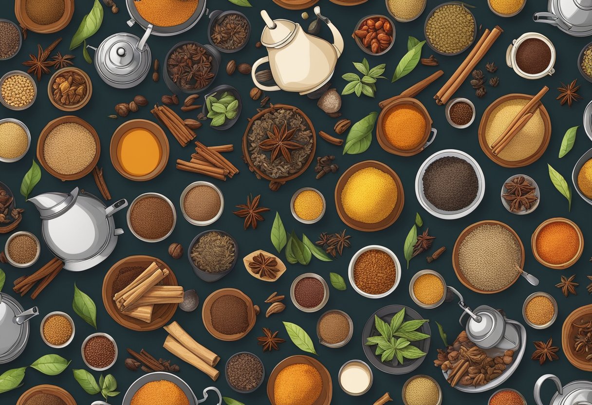 A colorful array of spices and tea leaves fill the table, surrounded by various pots and kettles for brewing chai