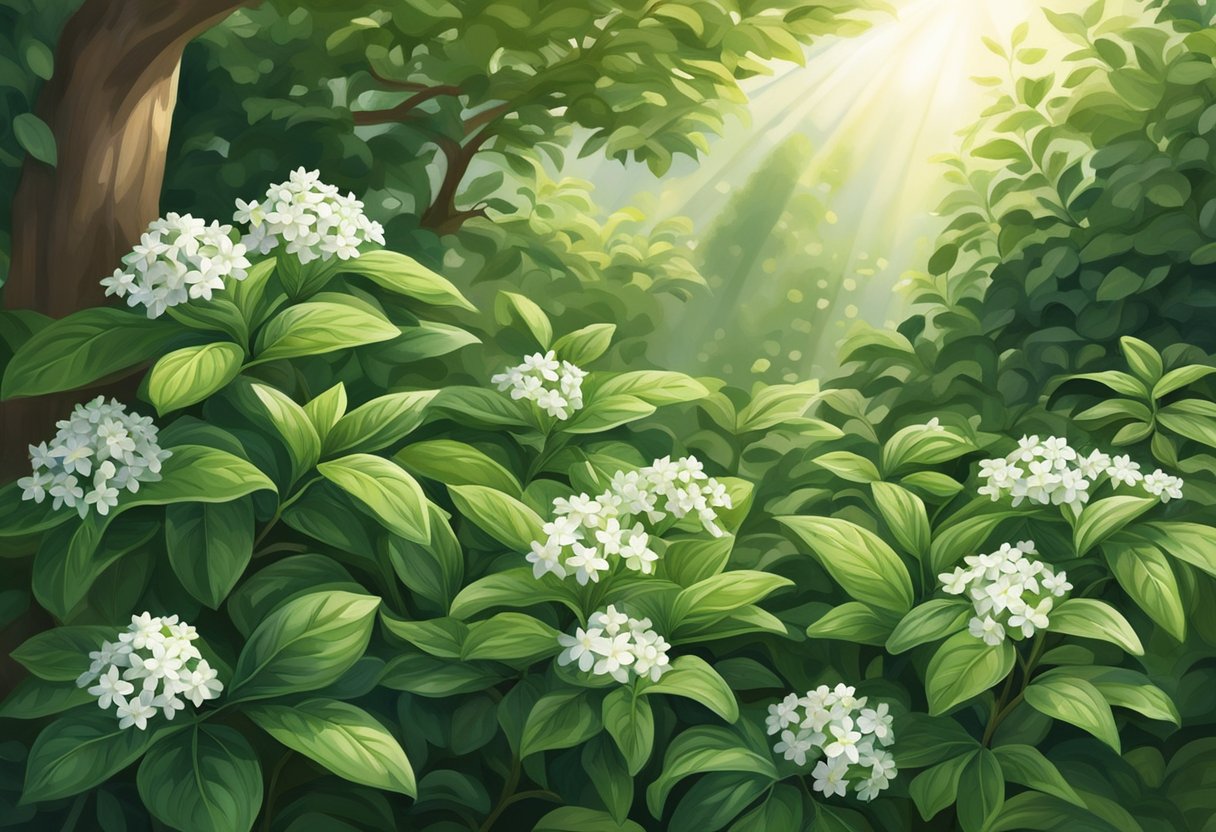 A tea plant with glossy, dark green leaves and small white flowers, growing in a lush, sun-dappled garden