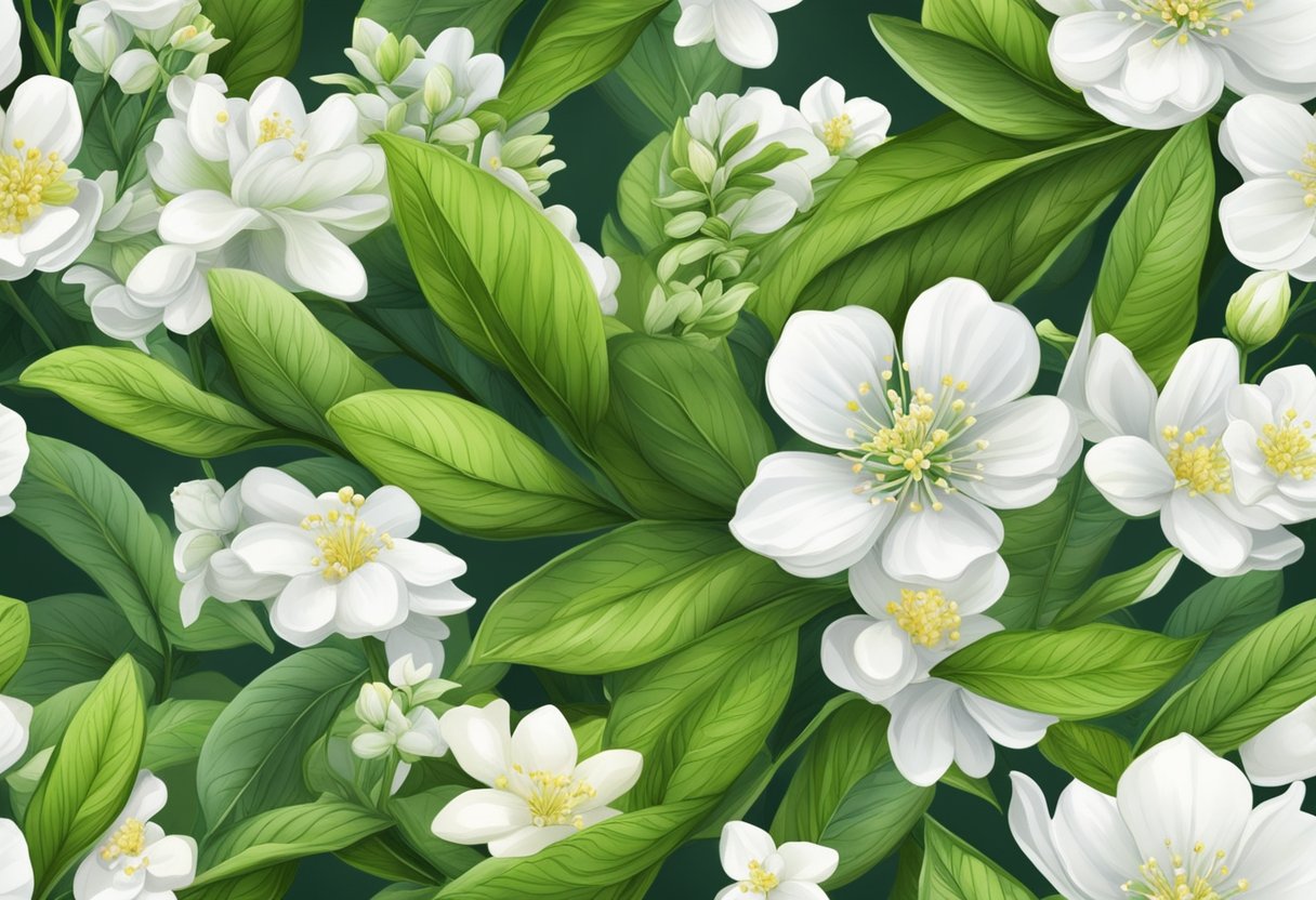 A tea plant with vibrant green leaves and delicate white flowers, surrounded by various herbs and flowers used for medicinal purposes