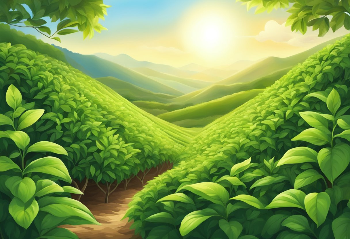 A tea bush surrounded by fertile soil, with sunlight streaming through the leaves and a gentle breeze blowing