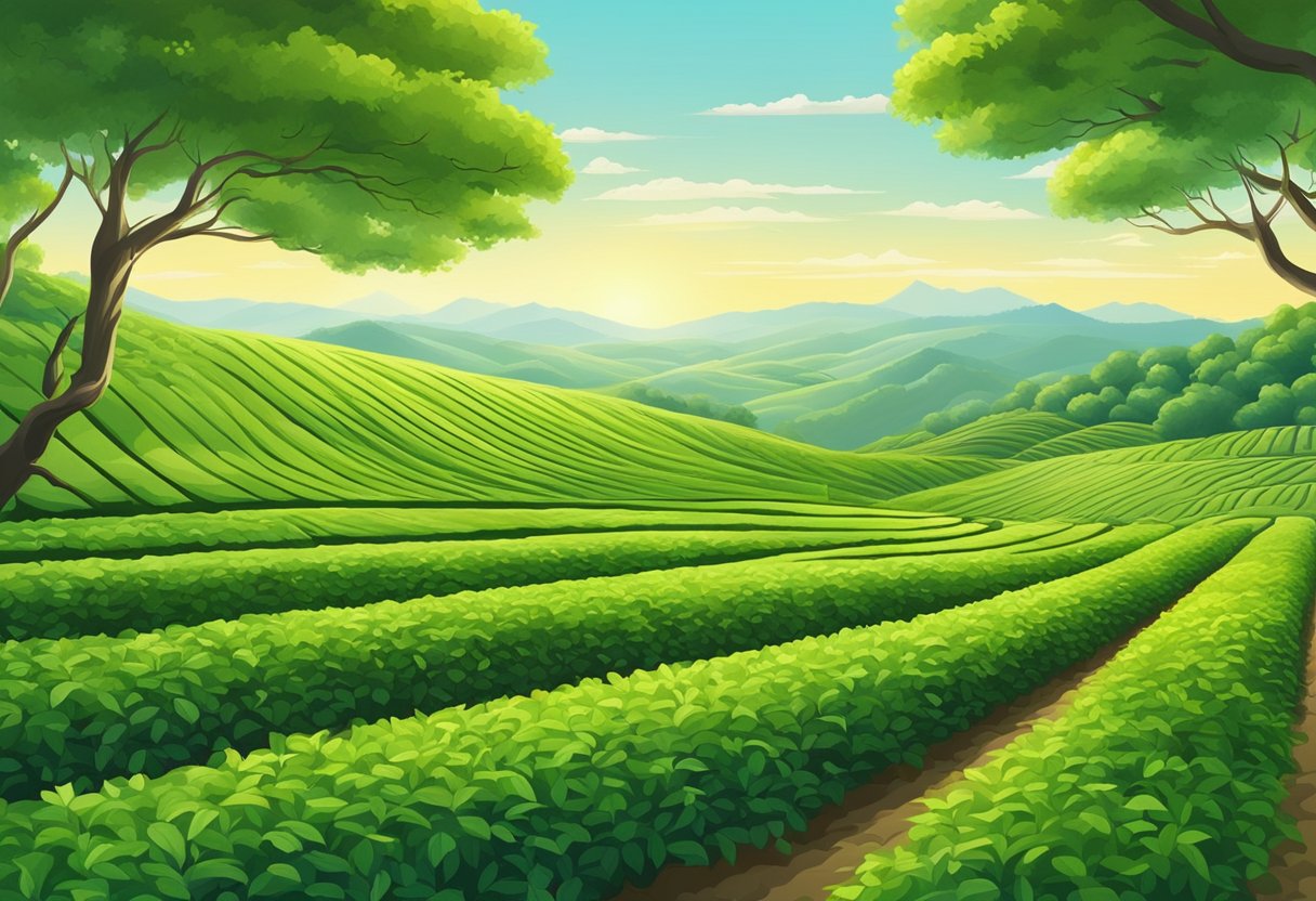 A lush, green field with rows of tea bushes stretching into the distance, under a bright, sunny sky