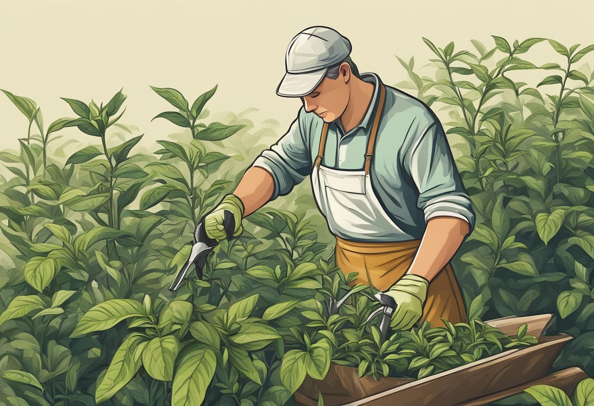 A gardener trimming a tea plant with pruning shears