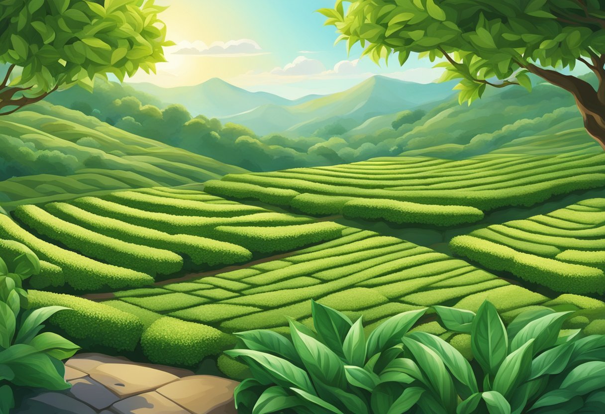 Lush green tea plants thriving in a sunlit garden, surrounded by various varieties of tea leaves