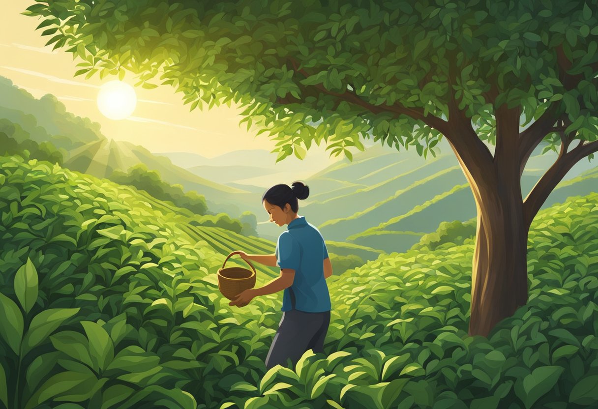 Sunlight filters through lush tea bushes. A figure carefully plucks leaves, then processes them indoors