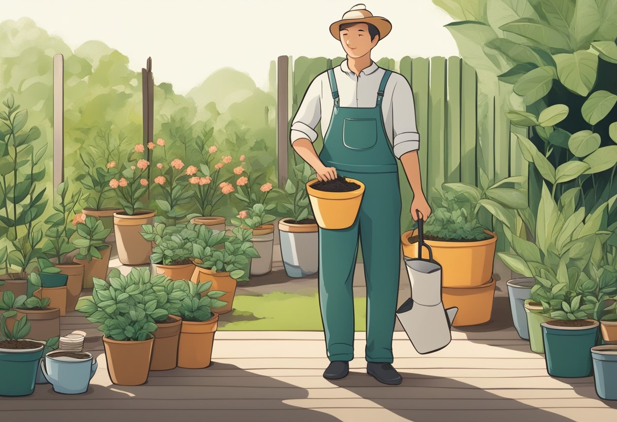 A person standing in a garden, holding a small shovel and a bag of soil, surrounded by potted tea plants and gardening tools
