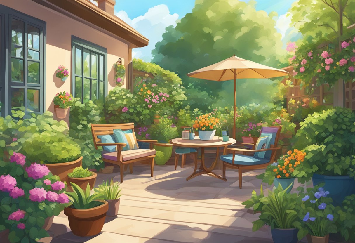 A cozy backyard garden with a variety of potted tea plants thriving in the sunlight, surrounded by lush greenery and colorful flowers