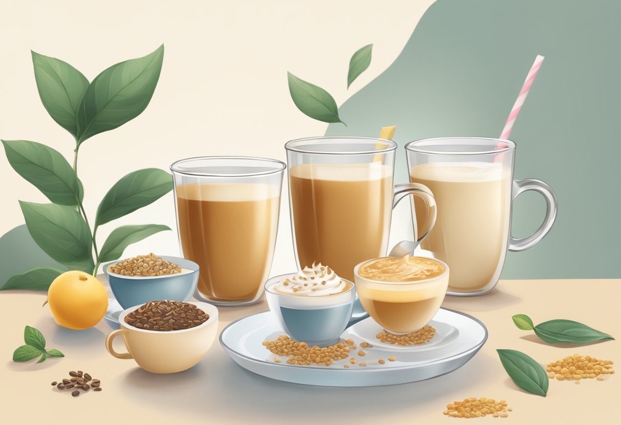 A table with two cups: one filled with milk tea, the other with a tea latte. Ingredients like milk, tea leaves, and sweeteners are scattered around