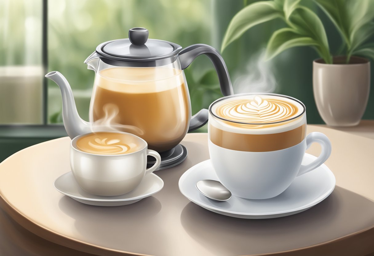 A steaming cup of milk tea and tea latte side by side, with a teapot and milk pitcher in the background