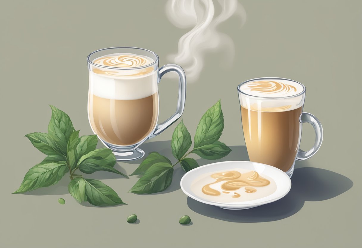 A glass of milk tea sits next to a mug of tea latte, both with steam rising. Tea leaves and a pitcher of milk are nearby