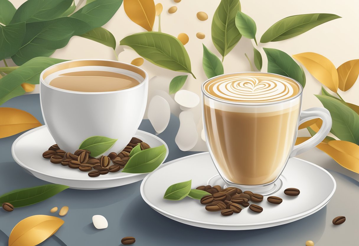 A steaming cup of milk tea sits next to a frothy tea latte, both adorned with decorative foam swirls, set against a backdrop of traditional tea leaves and modern coffee beans