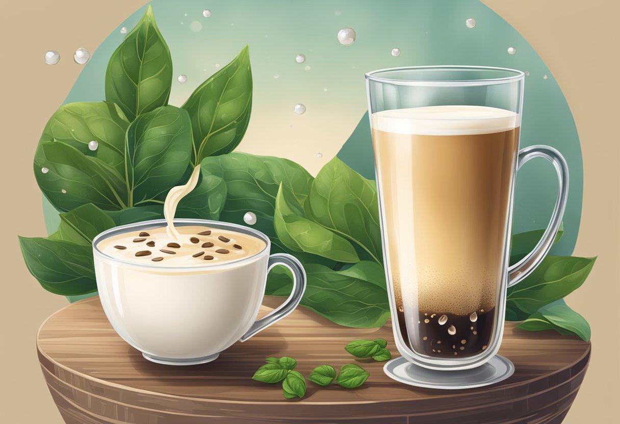 A glass of milk tea and a tea latte sit side by side on a wooden table, surrounded by scattered tea leaves and milk droplets