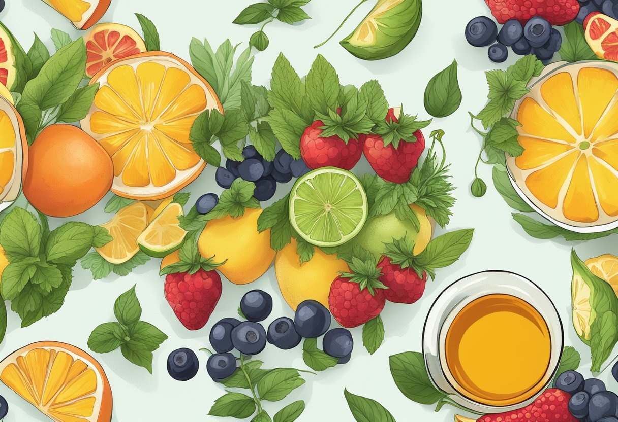 A variety of fresh fruits, vegetables, and herbs arranged around a glass of loaded tea. Nutritional information displayed next to the glass