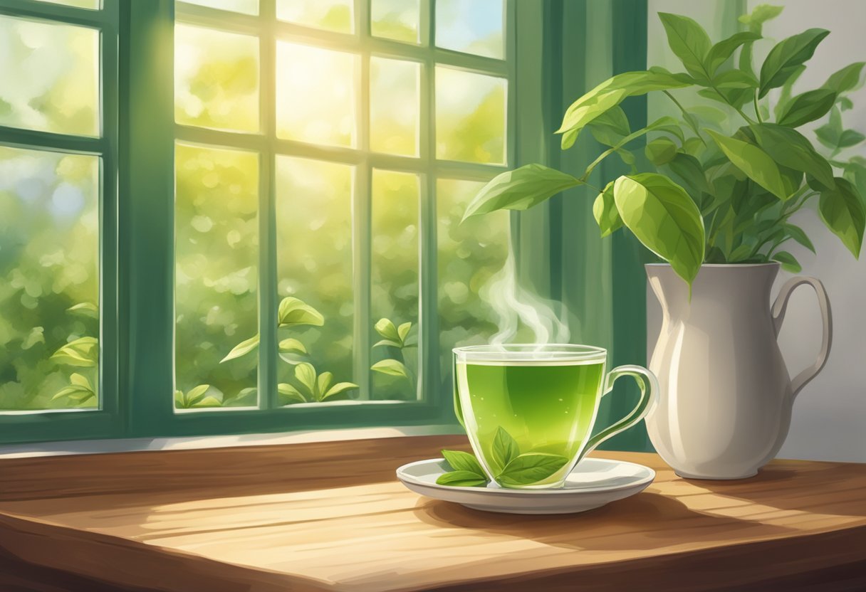 A steaming cup of green tea sits on a wooden table, surrounded by fresh herbs and a warm morning glow streaming through the window