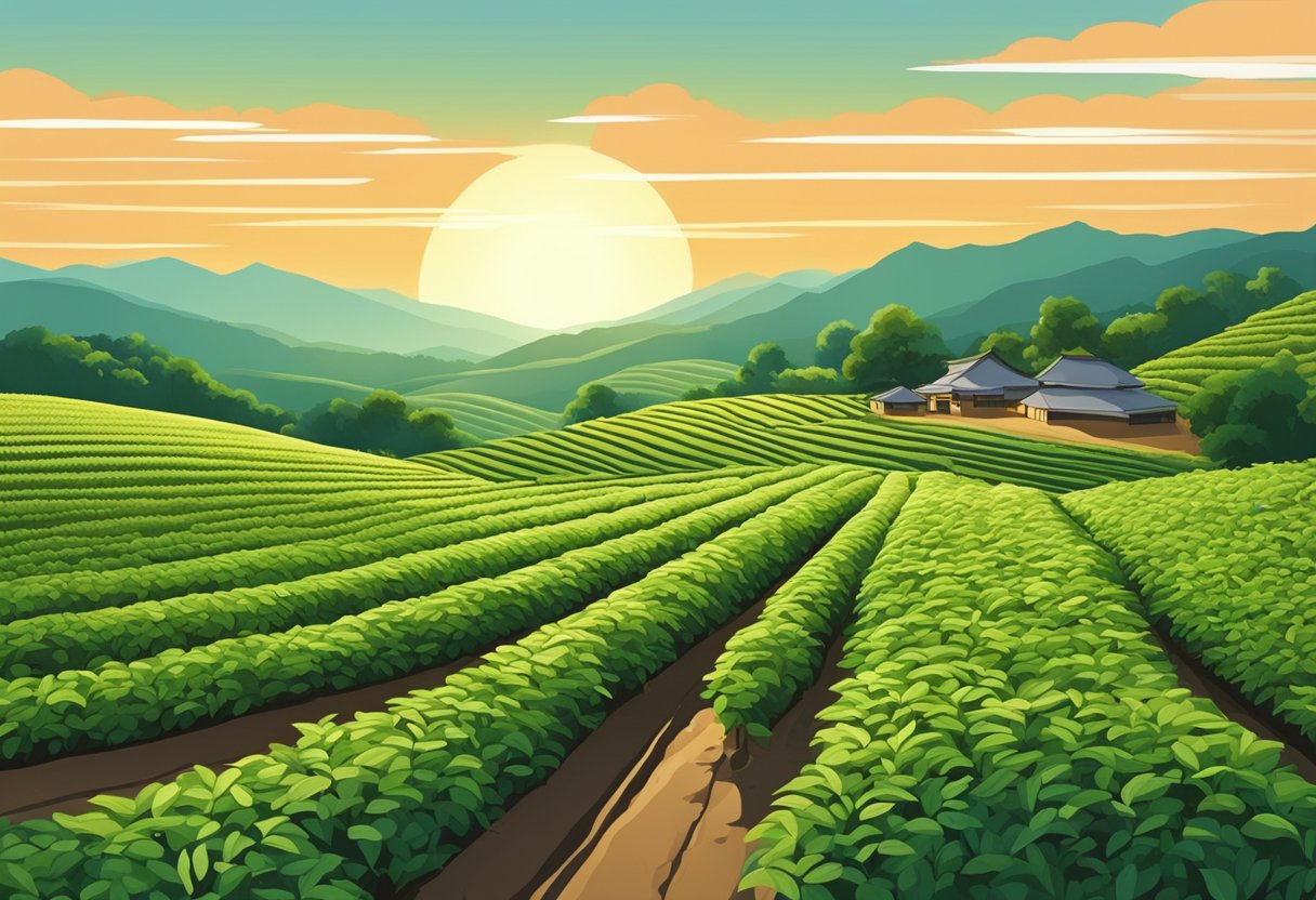 A lush, rolling landscape with rows of tea plants thriving in the warm sunlight of a US tea plantation
