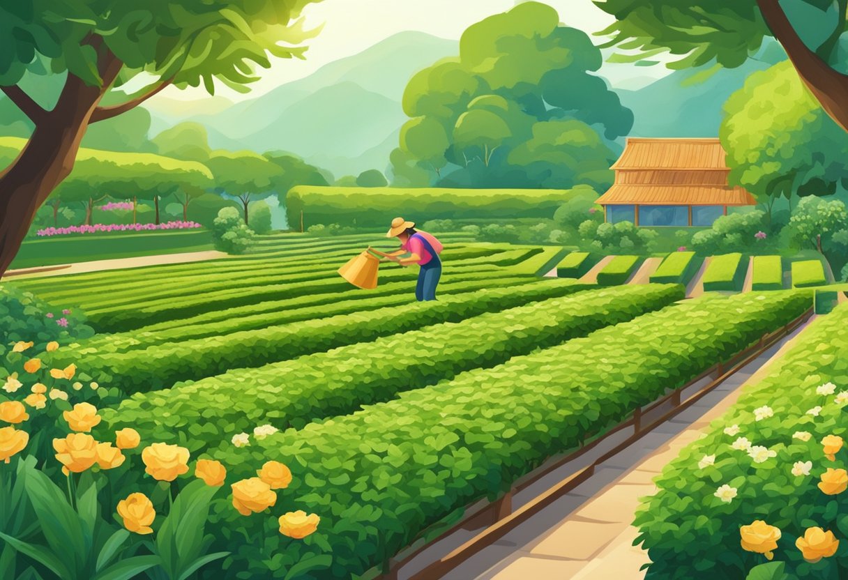 A sunny garden with rows of tea plants, surrounded by lush greenery and blooming flowers. A gardener tends to the plants, watering and caring for them