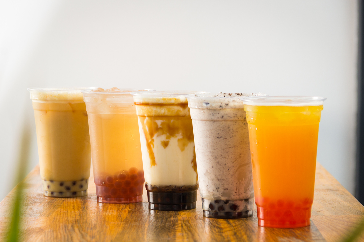 fruit bubble teas on a table