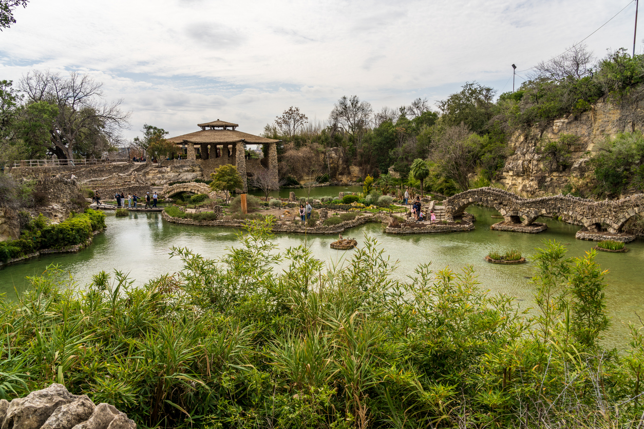 Tourists visit the sunken gardens in the Japanese Tea Garden in Texas