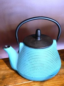 Blue cast iron tea kettle