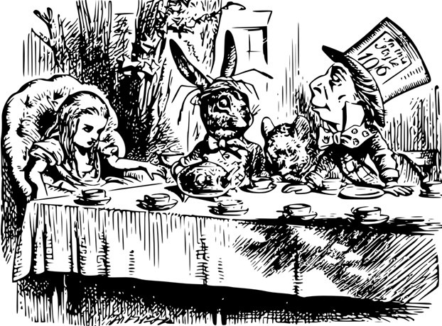 A portrayal of the famous tea party scene in Lewis Carroll’s Alice in Wonderland with Alice, the Mad Hatter, the March Hare, and the Doormouse