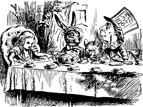 Black and white drawing Alice and Wonderland tea party scene